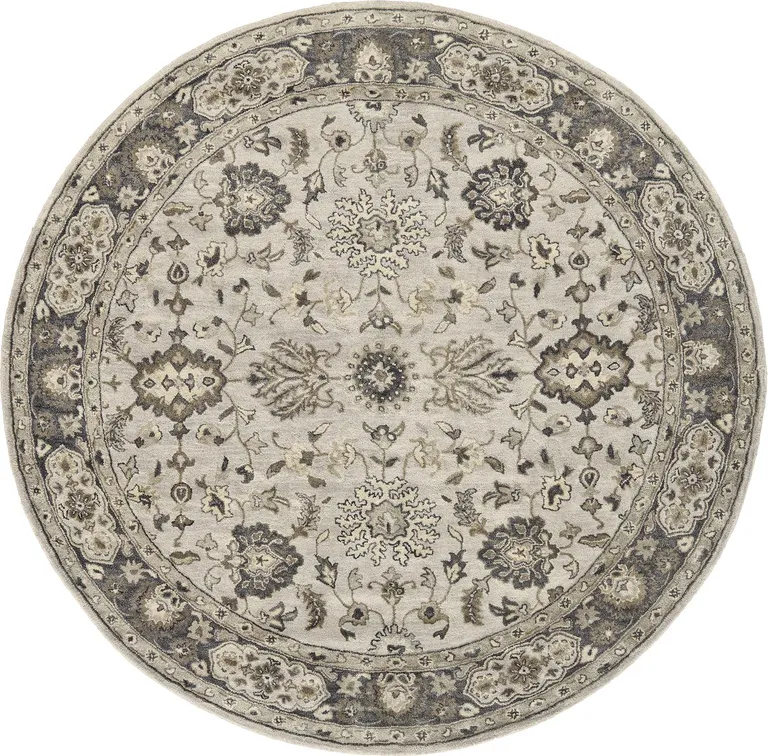 8' Gray Ivory And Taupe Round Wool Floral Tufted Handmade Stain Resistant Area Rug Photo 1