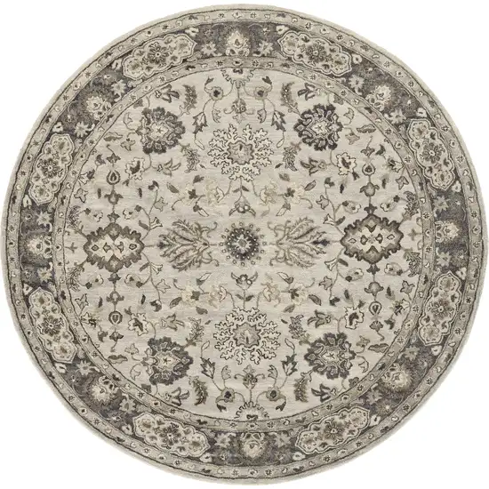 8' Gray Ivory And Taupe Round Wool Floral Tufted Handmade Stain Resistant Area Rug Photo 1