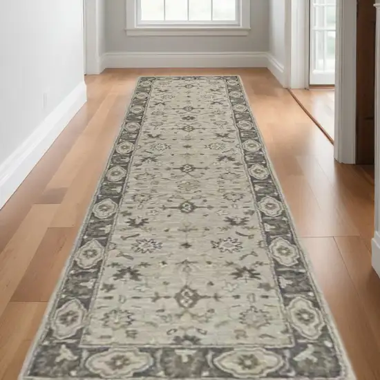 10' Gray and Ivory Wool Floral Hand Tufted Runner Rug Photo 2