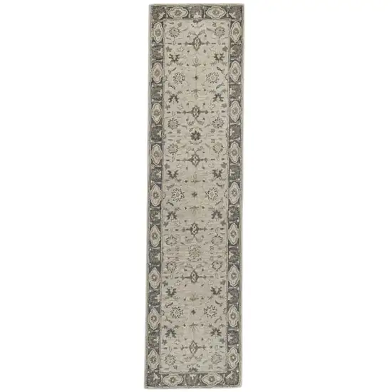 10' Gray and Ivory Wool Floral Hand Tufted Runner Rug Photo 3