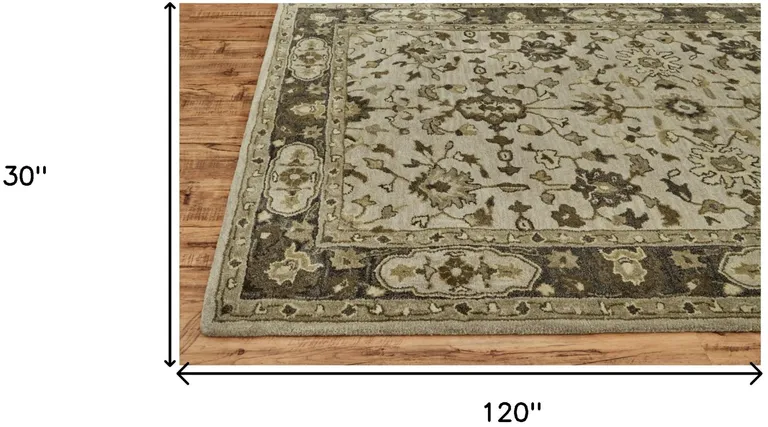 10' Gray Ivory And Taupe Wool Floral Tufted Handmade Stain Resistant Runner Rug Photo 4