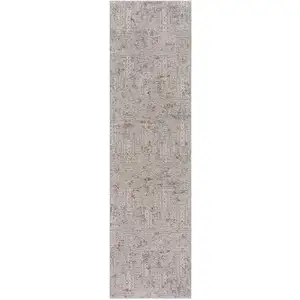 Photo of 8' Gray Ivory Slate Blue And Wine Red Geometric Distressed Runner Rug