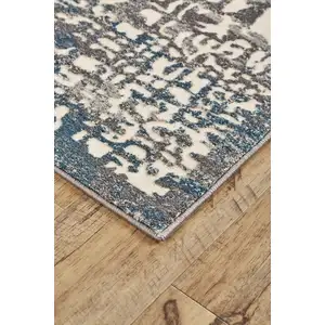 Photo of 8' Gray Ivory and Blue Abstract Power Loom Runner Rug