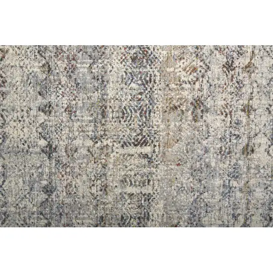 10' Gray Ivory and Blue Abstract Power Loom Worn Faded Runner Rug With Fringe Photo 7