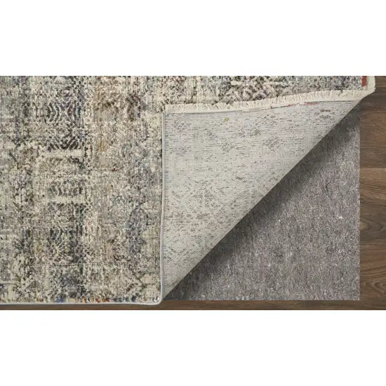 10' Gray Ivory and Blue Abstract Power Loom Worn Faded Runner Rug With Fringe Photo 9