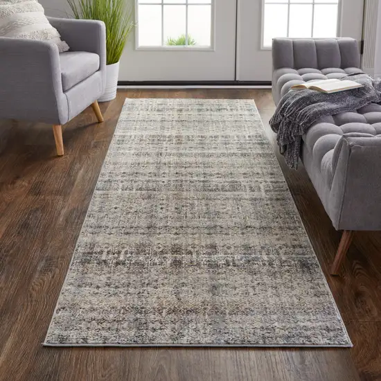 10' Gray Ivory and Blue Abstract Power Loom Worn Faded Runner Rug With Fringe Photo 5