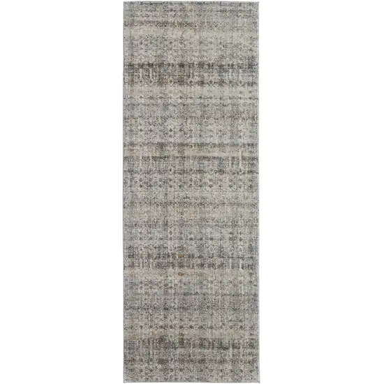 10' Gray Ivory and Blue Abstract Power Loom Worn Faded Runner Rug With Fringe Photo 2