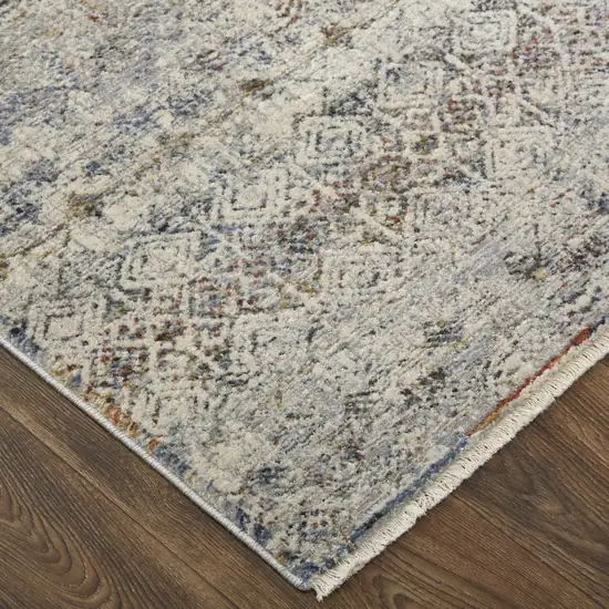 10' Gray Ivory and Blue Abstract Power Loom Worn Faded Runner Rug With Fringe Photo 4