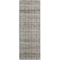 Photo of 8' Gray Ivory and Blue Abstract Power Loom Worn Faded Runner Rug With Fringe