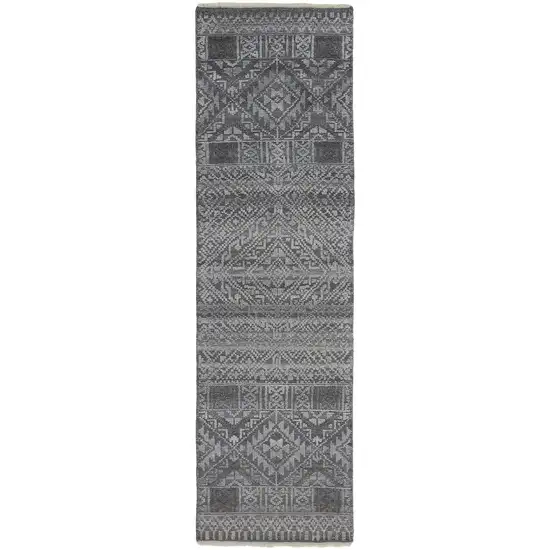 10' Gray Ivory and Blue Geometric Hand Knotted Runner Rug With Fringe Photo 4