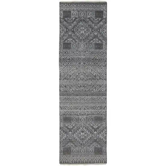 10' Gray Ivory and Blue Geometric Hand Knotted Runner Rug With Fringe Photo 2