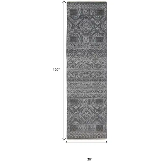 10' Gray Ivory and Blue Geometric Hand Knotted Runner Rug With Fringe Photo 3