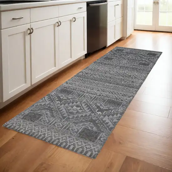 8' Gray Ivory and Blue Geometric Hand Knotted Runner Rug With Fringe Photo 1