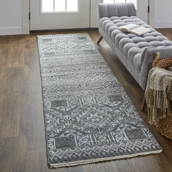 8' Gray Ivory and Blue Geometric Hand Knotted Runner Rug With Fringe Photo 6