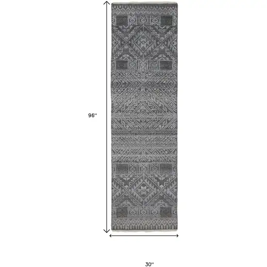 8' Gray Ivory and Blue Geometric Hand Knotted Runner Rug With Fringe Photo 3