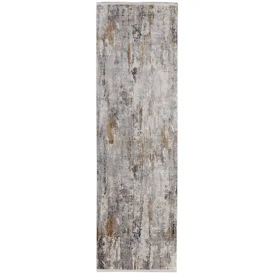 10' Gray Ivory and Gold Abstract Power Loom Runner Rug With Fringe Photo 1