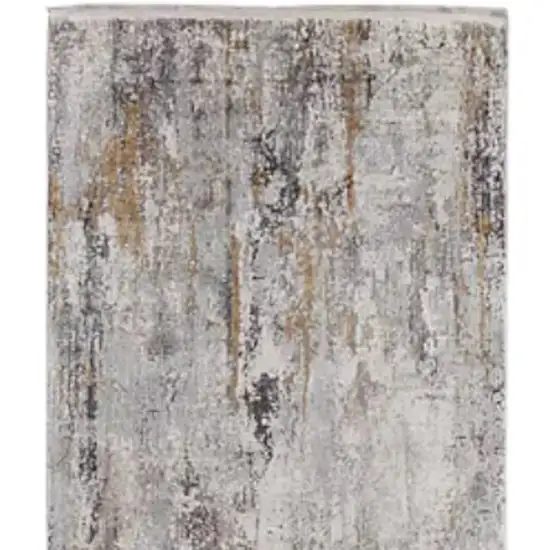 10' Gray Ivory and Gold Abstract Power Loom Runner Rug With Fringe Photo 5