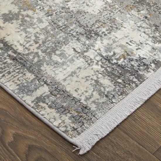 10' Gray Ivory and Gold Abstract Power Loom Runner Rug With Fringe Photo 6