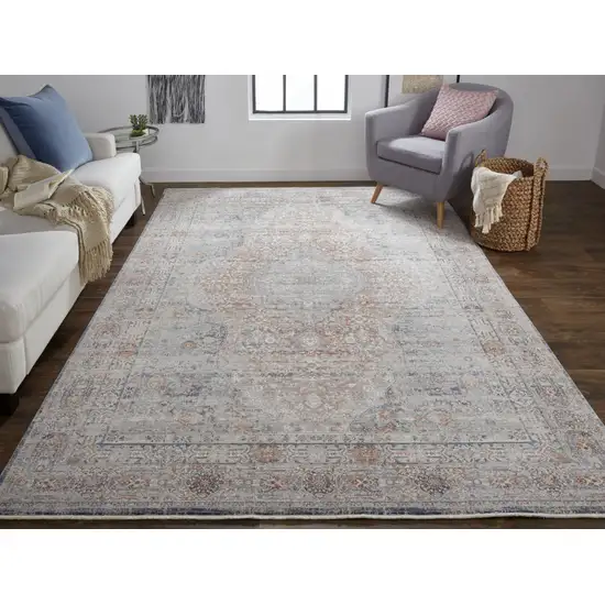 10' Gray Ivory and Orange Oriental Power Loom Runner Rug With Fringe Photo 5