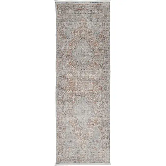 10' Gray Ivory and Orange Oriental Power Loom Runner Rug With Fringe Photo 2