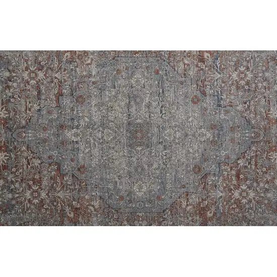 10' Gray Ivory and Orange Oriental Power Loom Runner Rug With Fringe Photo 7