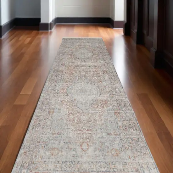 10' Gray Ivory and Orange Oriental Power Loom Runner Rug With Fringe Photo 1