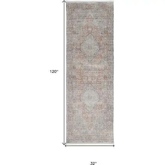 10' Gray Ivory and Orange Oriental Power Loom Runner Rug With Fringe Photo 3