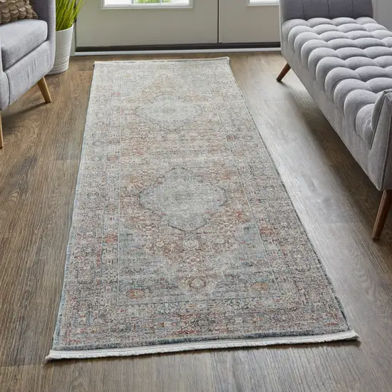 8' Gray Ivory and Orange Oriental Power Loom Worn Faded Runner Rug With Fringe Photo 6