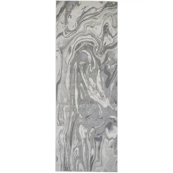 8' Gray Ivory and Silver Abstract Power Loom Distressed Runner Rug Photo 4