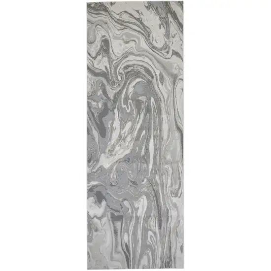 8' Gray Ivory and Silver Abstract Power Loom Distressed Runner Rug Photo 2