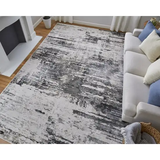 8' Gray Ivory and Taupe Abstract Power Loom Worn Faded Runner Rug Photo 5