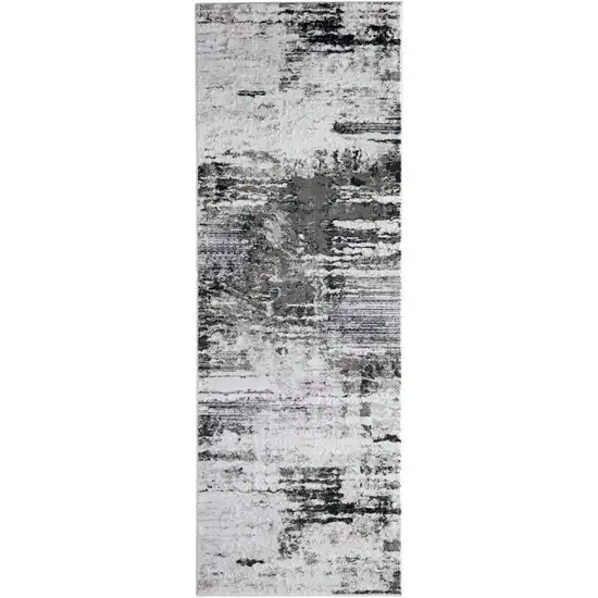 8' Gray Ivory and Taupe Abstract Power Loom Worn Faded Runner Rug Photo 2