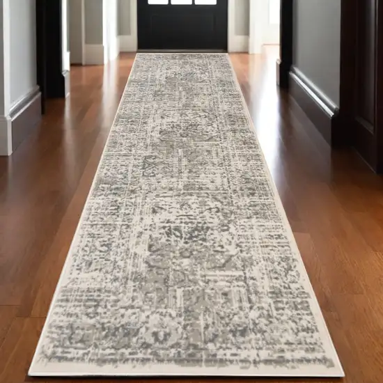 10' Medium Gray and Ivory Medallion Power Loom Runner Rug Photo 1