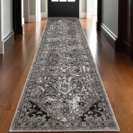 10' Black and Gray Medallion Power Loom Runner Rug Photo 1