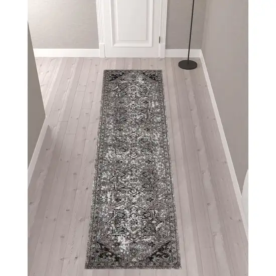 10' Gray Medallion Power Loom Runner Rug Photo 4