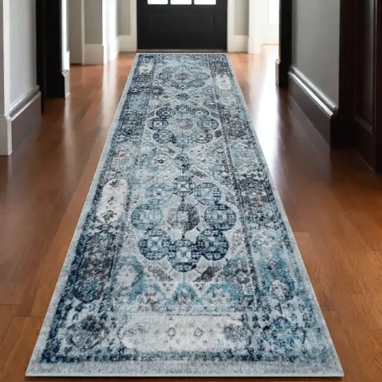 10' Gray and Blue Medallion Power Loom Runner Rug Photo 1