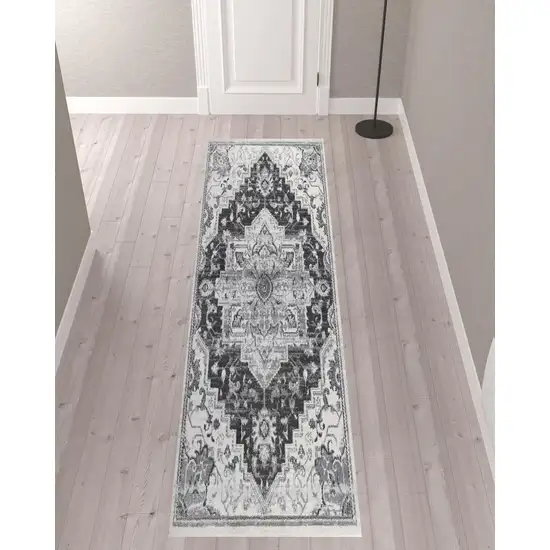 10' Gray Medallion Power Loom Runner Rug Photo 2