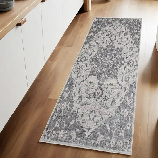 8' Gray Medallion Power Loom Runner Rug Photo 1