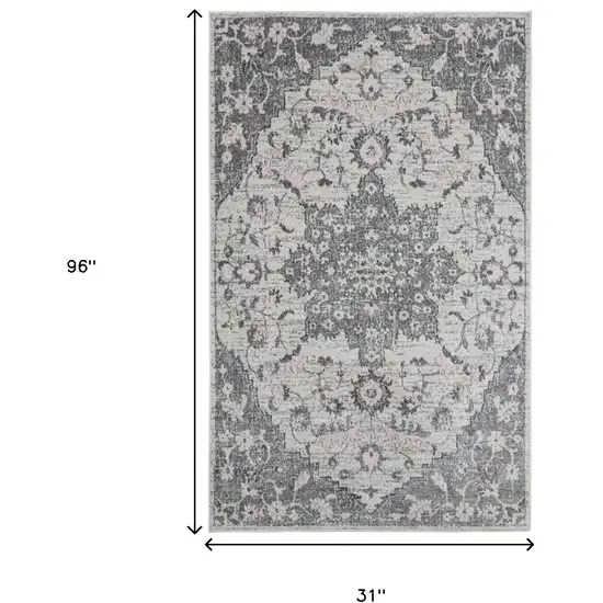 8' Gray Medallion Power Loom Runner Rug Photo 3