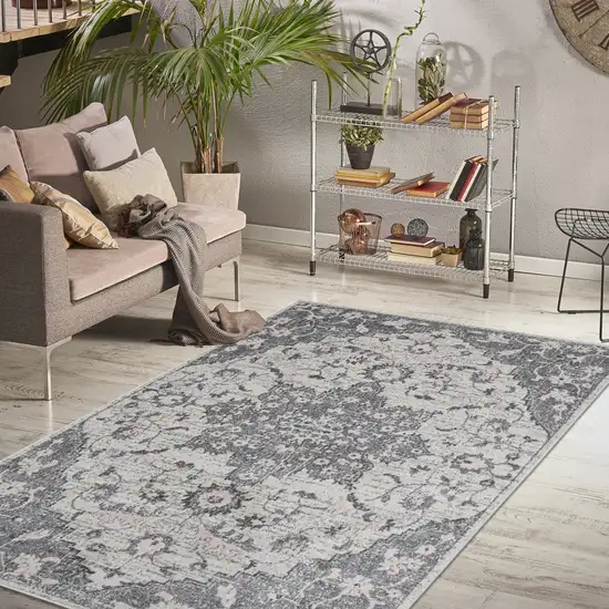 8' Gray Medallion Power Loom Runner Rug Photo 9