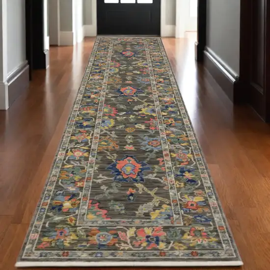 12' Gray Orange And Yellow Oriental Runner Rug With Fringe Photo 1