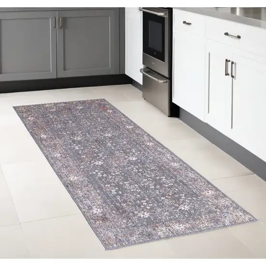 Gray and Ivory Floral Power Loom Runner Rug Photo 1