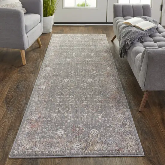 8' Gray Pink And Red Floral Power Loom Runner Rug Photo 4