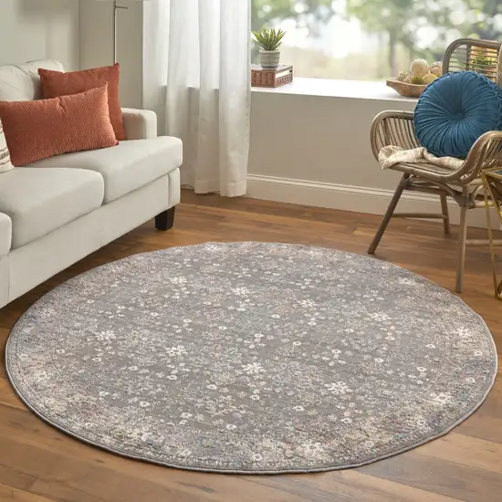 6' Gray Pink And Red Round Floral Power Loom Area Rug Photo 1