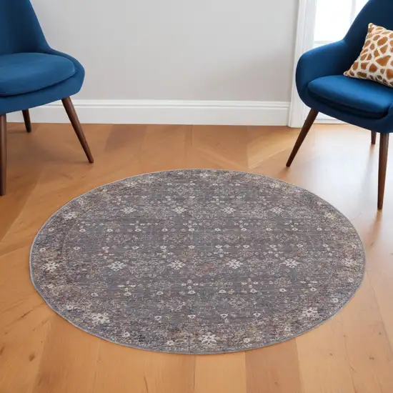 6' Gray and Ivory Round Floral Power Loom Area Rug Photo 1