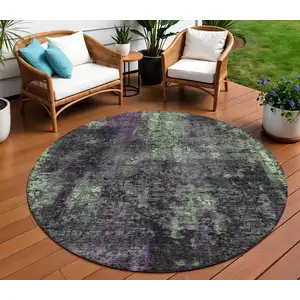 Photo of 8' Gray Purple And Charcoal Round Abstract Washable Indoor Outdoor Area Rug