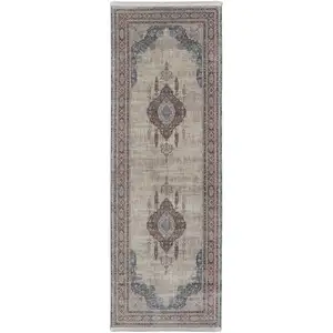 Photo of 12' Gray Red And Blue Floral Power Loom Runner Rug