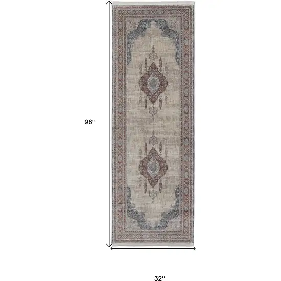 8' Gray Red And Blue Floral Power Loom Stain Resistant Runner Rug Photo 7