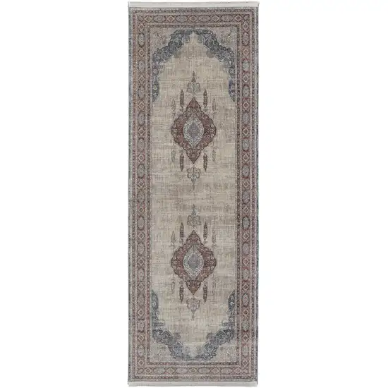 8' Gray Red And Blue Floral Power Loom Stain Resistant Runner Rug Photo 1