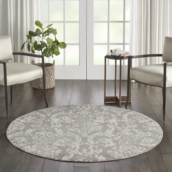 5' Gray Round Damask Power Loom Area Rug Photo 4